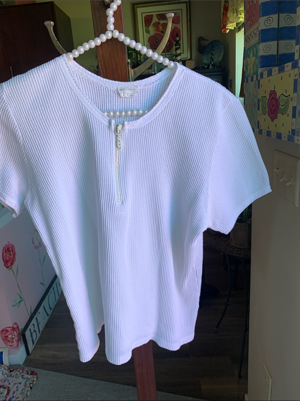 Blueprint White Rhinestone 1/4 Zip waffle knit SS top OS